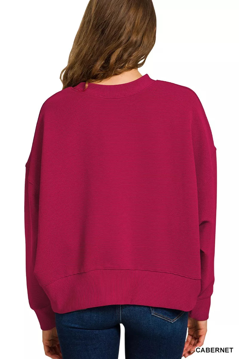 Zenana Cabernet Ribbed Round Neck Pullover and Drawstring Pants Set