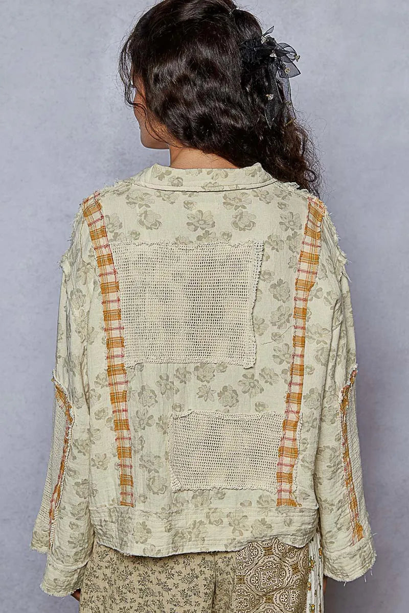 POL Plaid and Floral Crochet Patch Denim Jacket Coats & Jackets