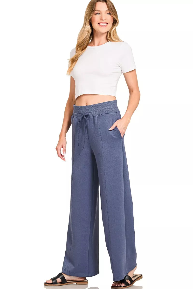 Zenana Blue Indigo Scuba Collared Pullover and Pants Set