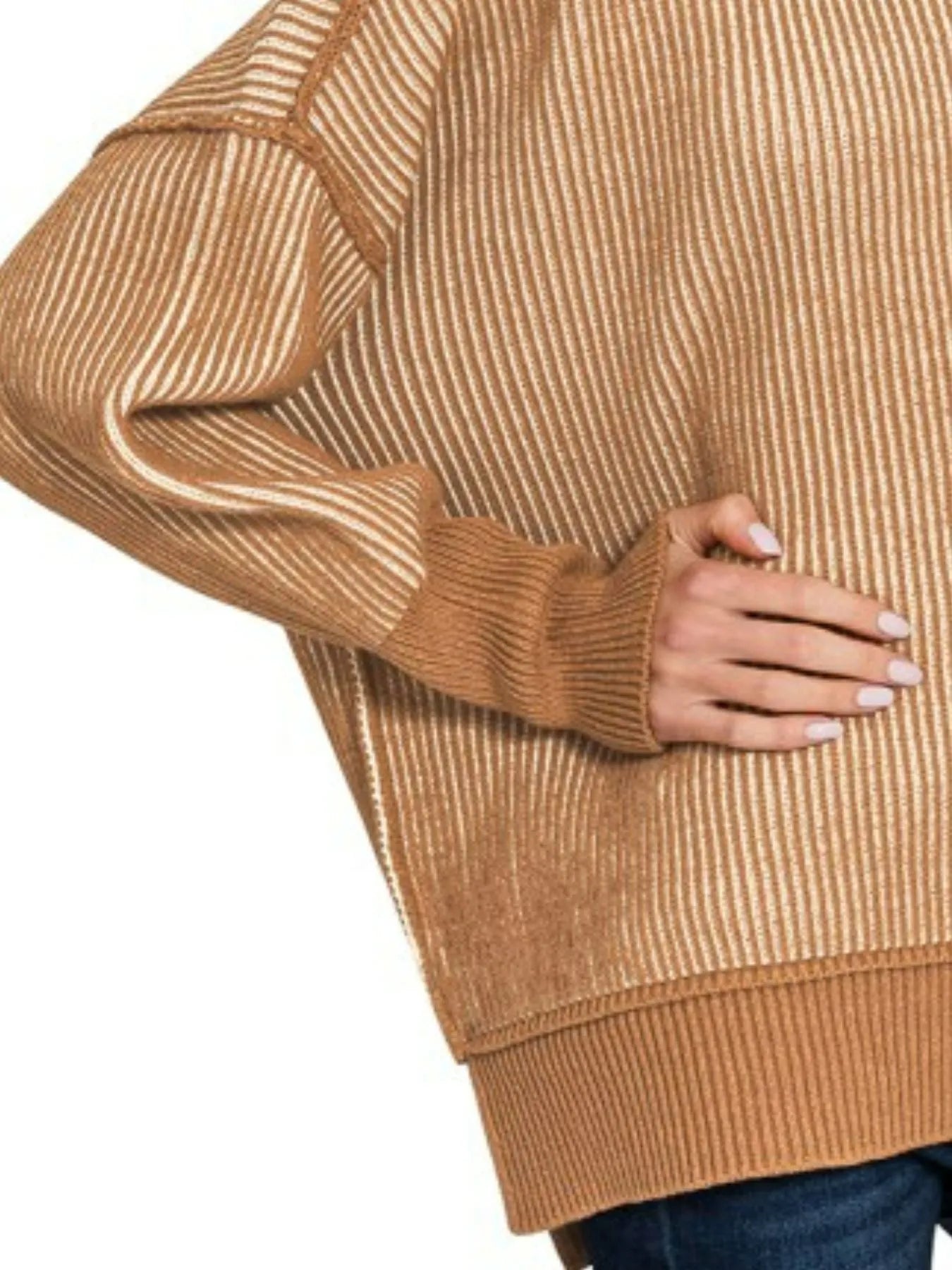 Zenana Deep Camel Exposed Seam Two Tone Ribbed Sweater
