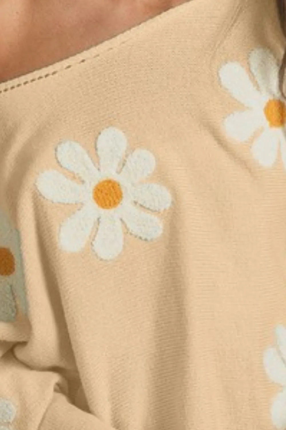 BiBi Oatmeal Flower Embroidery Loose Fit Knit Top