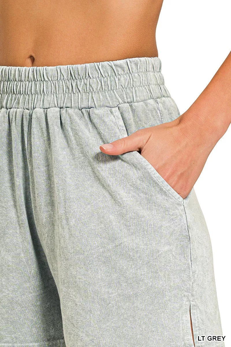 Zenana Light Gray Halo Snow Washed Short Sleeve Tee and Shorts Set