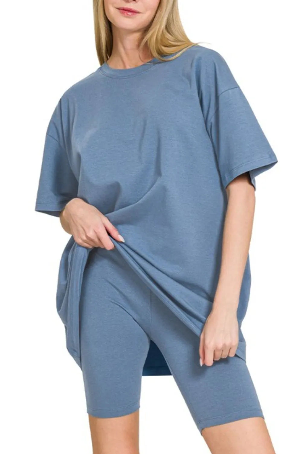 Zenana Dusty Blue Cotton Round Neck Top & Biker Shorts