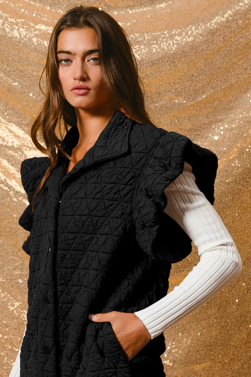 BiBi Black Quilting Knit Ruffle Sleeve Vest BLACK