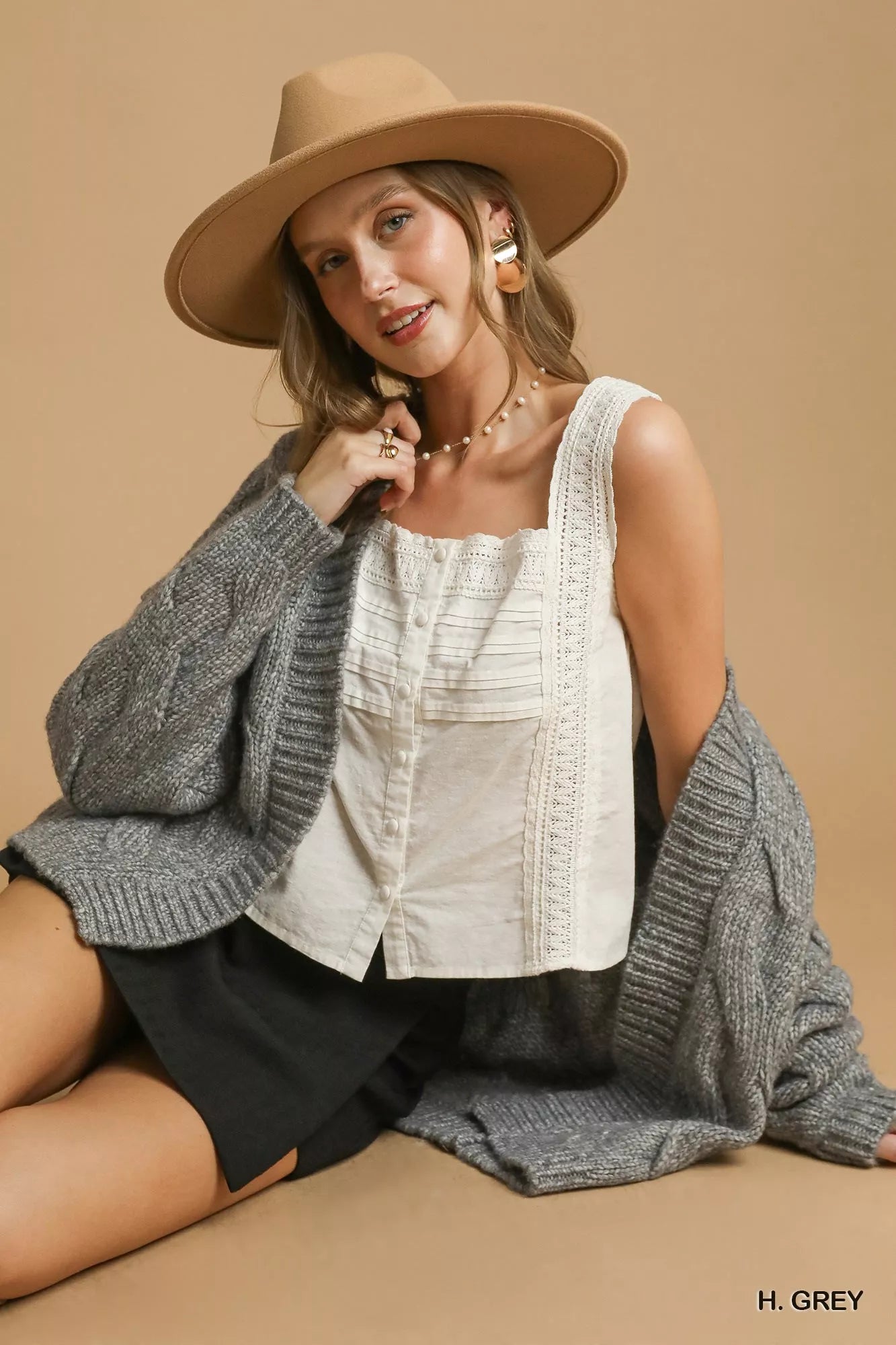 Umgee Heather Grey Chunky Cable Knit Open Front Cardigan