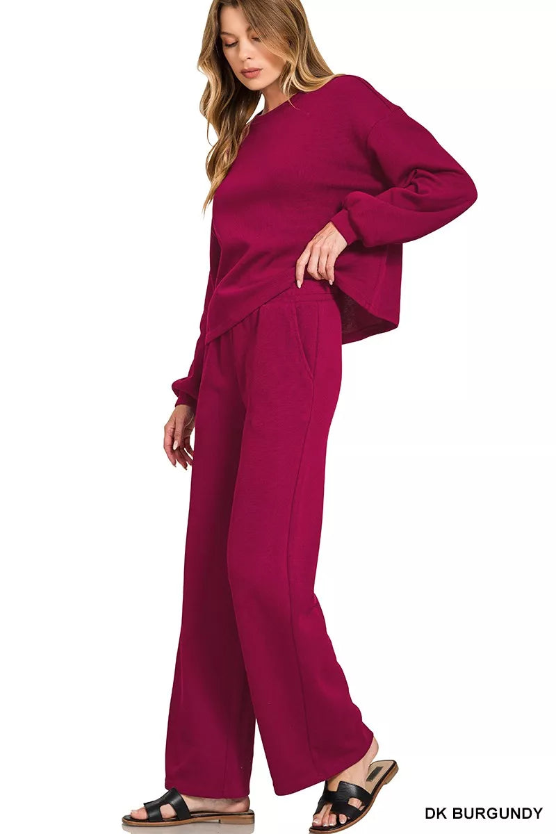 Zenana Dark Burgindy French Rib Pullover and Pants Set