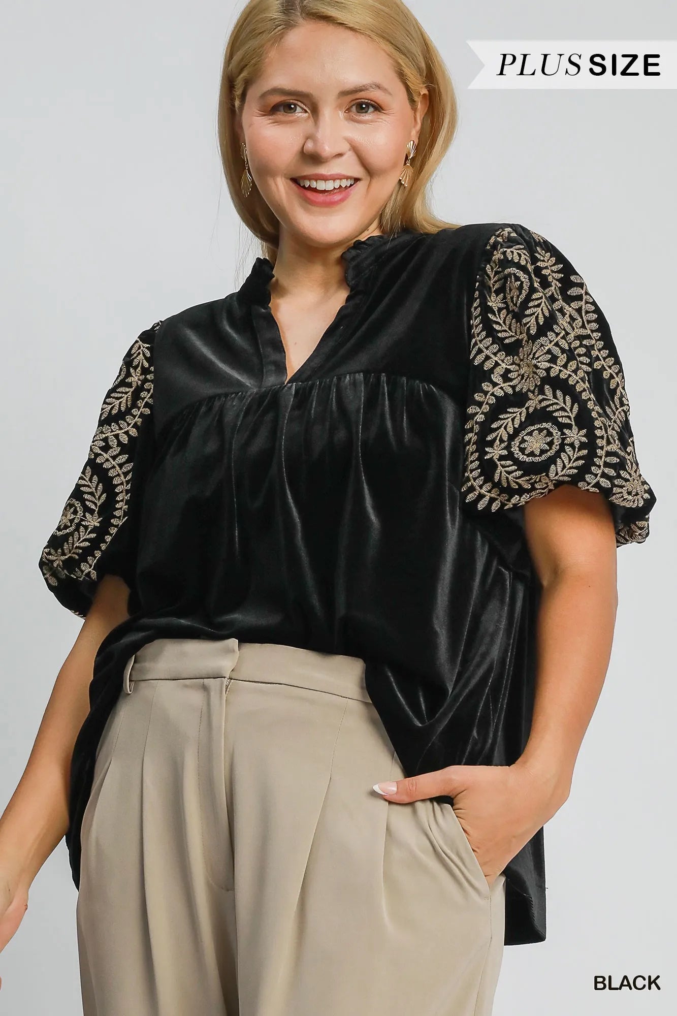 Umgee Black Velvet Embroidered Sleeve Blouse Plus Size