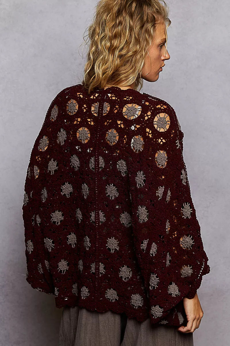 POL Burgundy & Gray Openwork V-Neck Chenille Cardigan with Contrast Floral