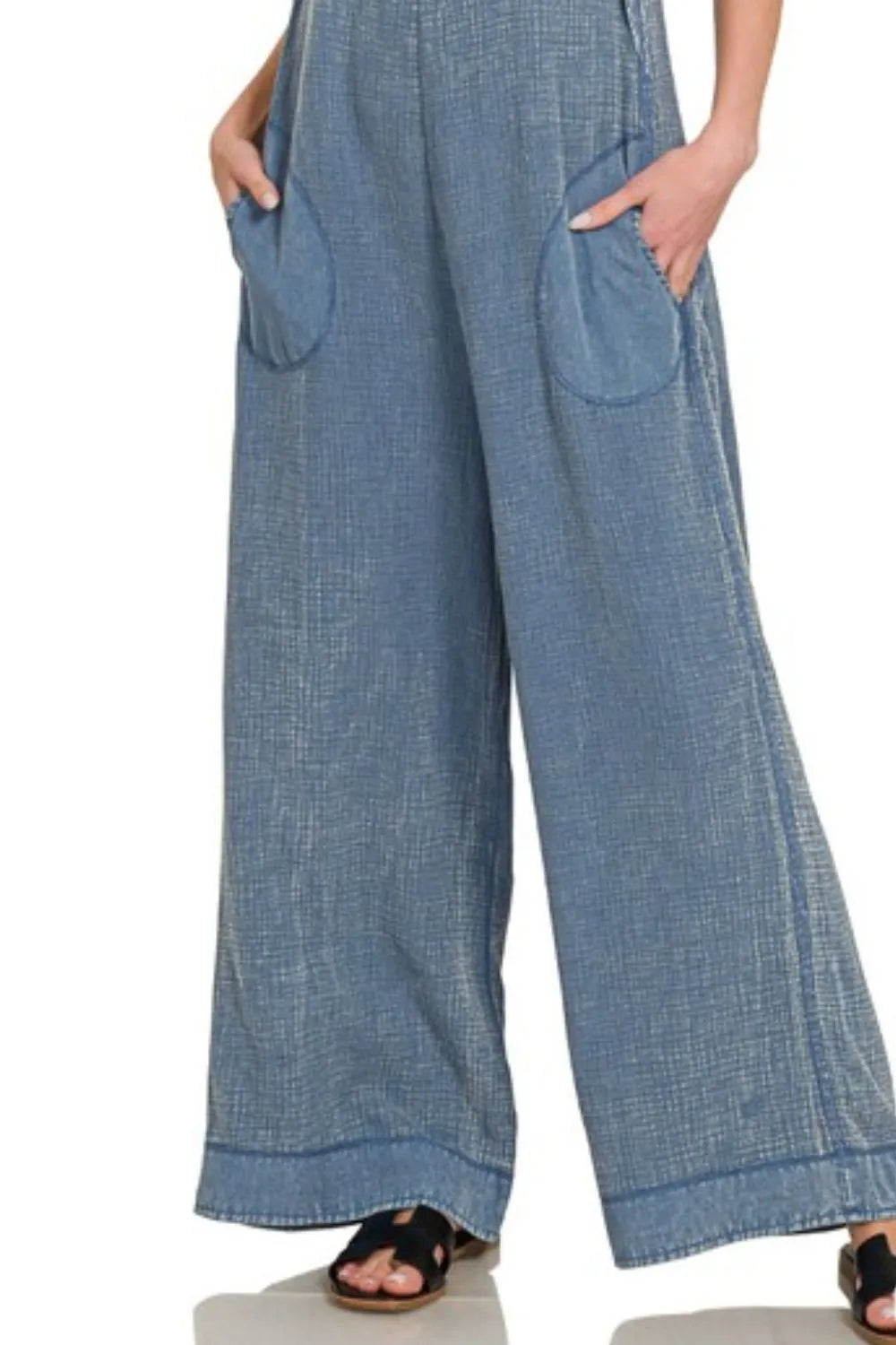 Zenana Dusty Blue Double Gauze Washed Wide Leg Overalls