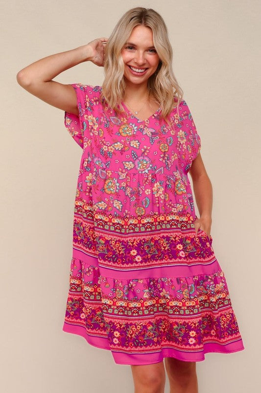 Haptics Fuchsia Floral Print V Neck Dolman Sleeve Dress