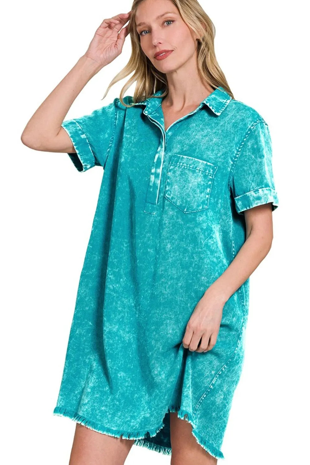 Zenana Light Teal Tencel Mineral Washed Collared Shirt Dress