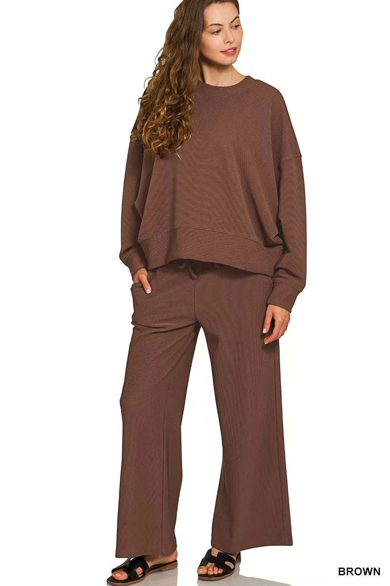 Zenana Brown Ribbed Round Neck Pullover and Drawstring Pants Set