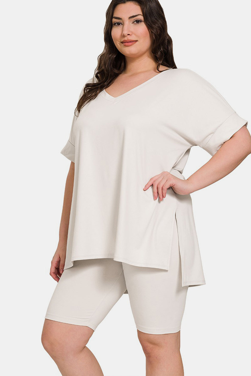 Zenana V-Neck Short Sleeve Slit T-Shirt and Shorts Set in Bone Loungewear