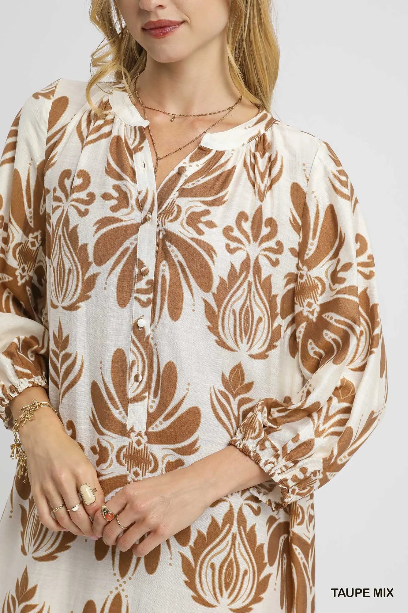 Umgee Taupe Mix Abstract Floral Print Midi Dress