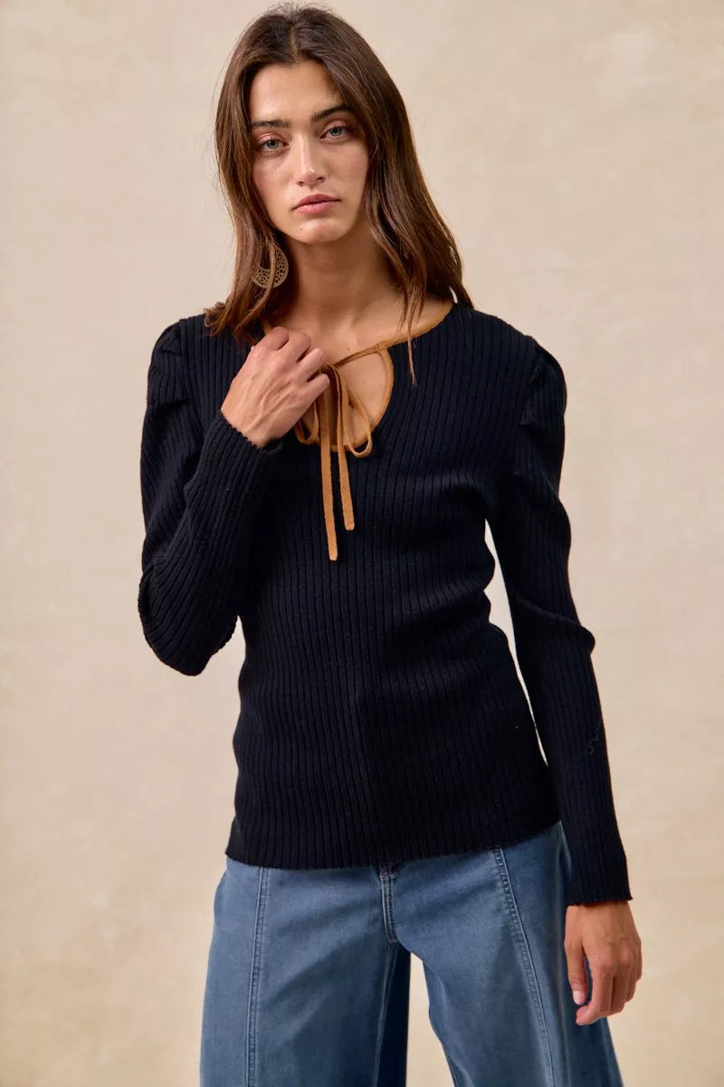 BiBi Black & Camel Ribbed Contrast Front Tied Top with Shrried