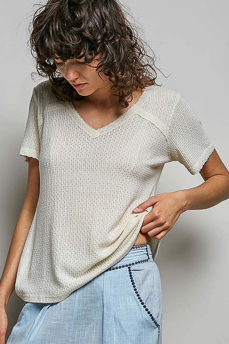 POL Natural Lace Detail V-Neck Short Sleeve Textured T-Shirt