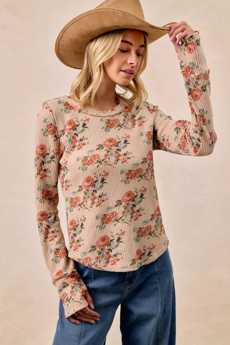 BiBi Taupe Floral Print Washed Waffle Thermal Top with Thumb
