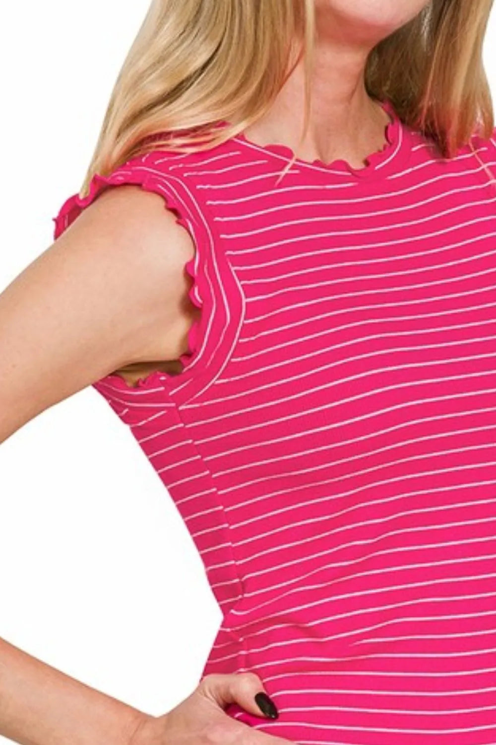 Zenana Hot Pink & White Ribbed Ruffle Trim Sleeveless Stripe Top