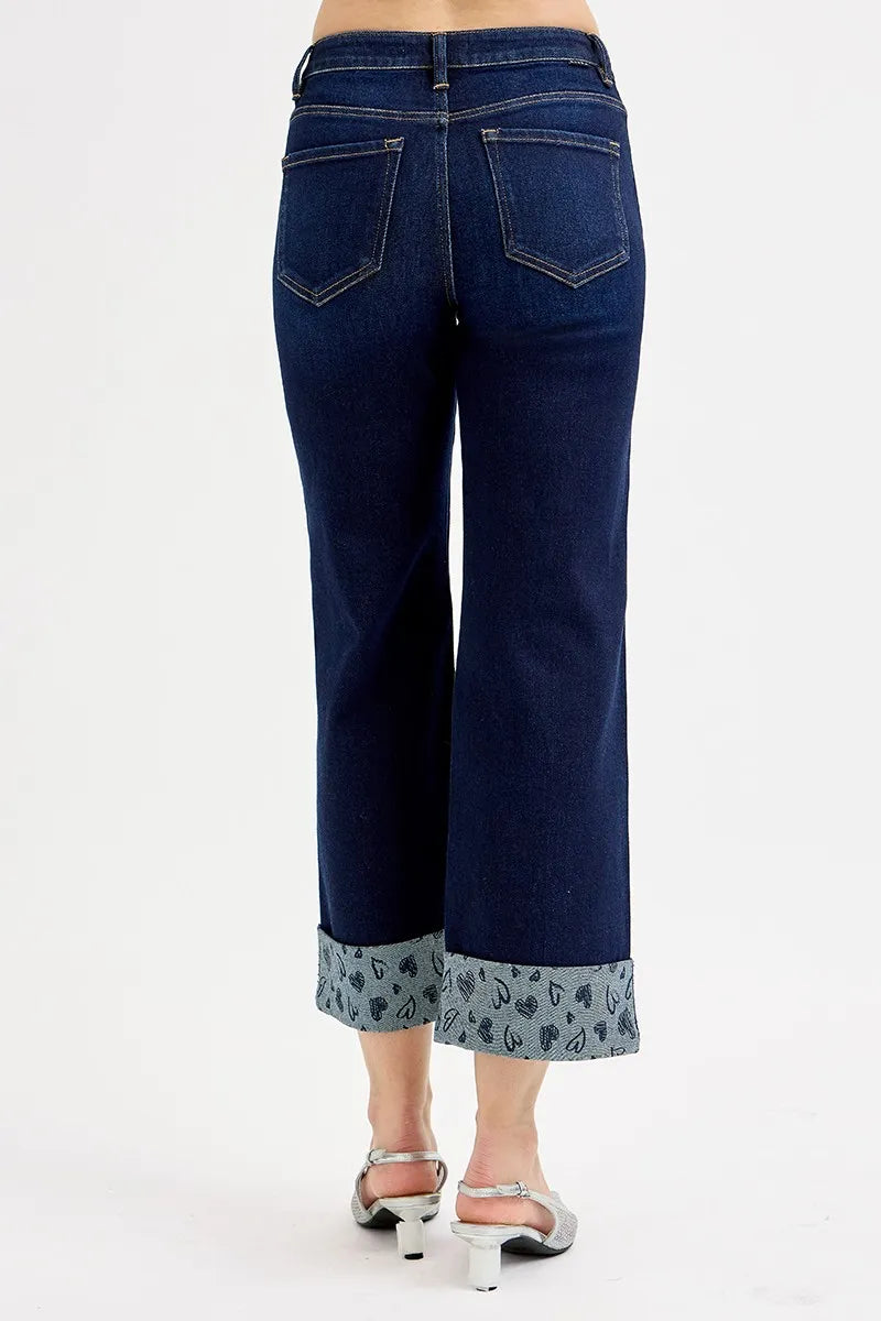 RISEN Mid Rise Fit Crop Wide With Heart Printed Cuff Jeans