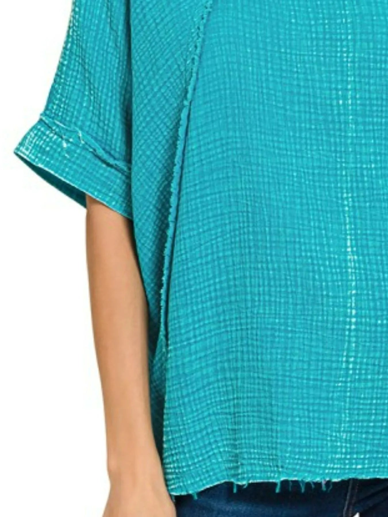 Zenana Light Teal Washed Double Gauze Exposed Seam Raglan Short Sleeve Top