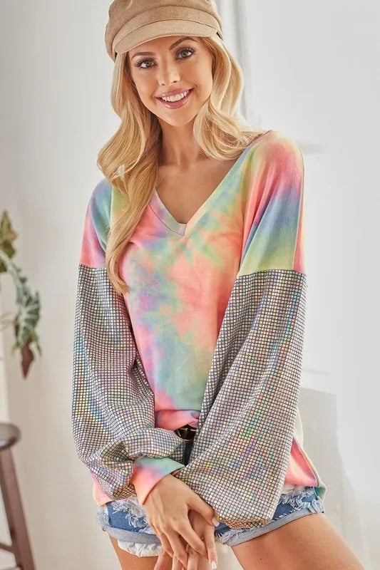BiBi V Neck Tie Dye French Terry Top with Shiny Balloon Sleeves