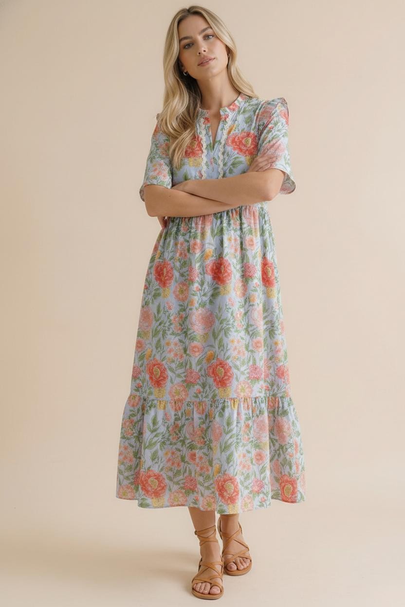Haptics Floral Frilled Notch Neck Midi Dress in Sky Blue