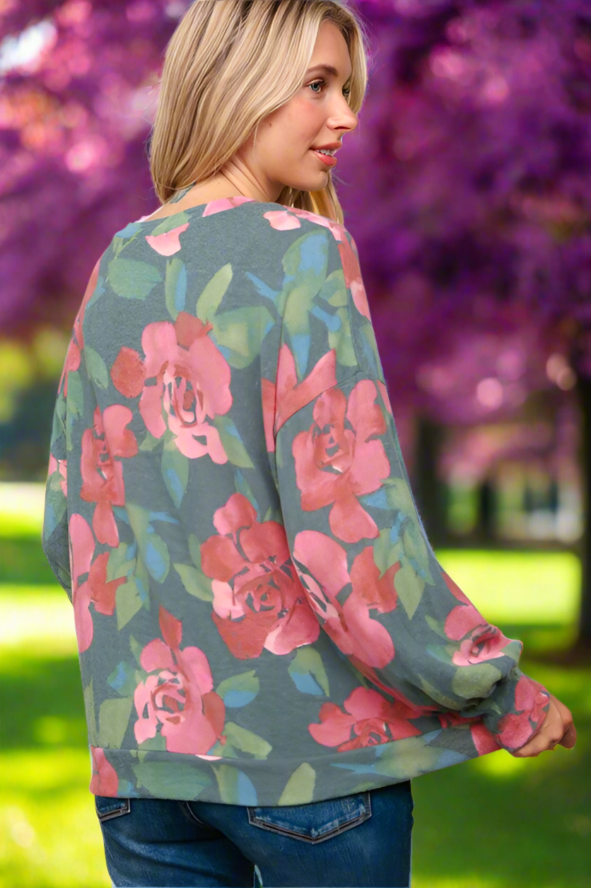 Haptics Hunter Green Floral Brushed Hacci Sweater Top