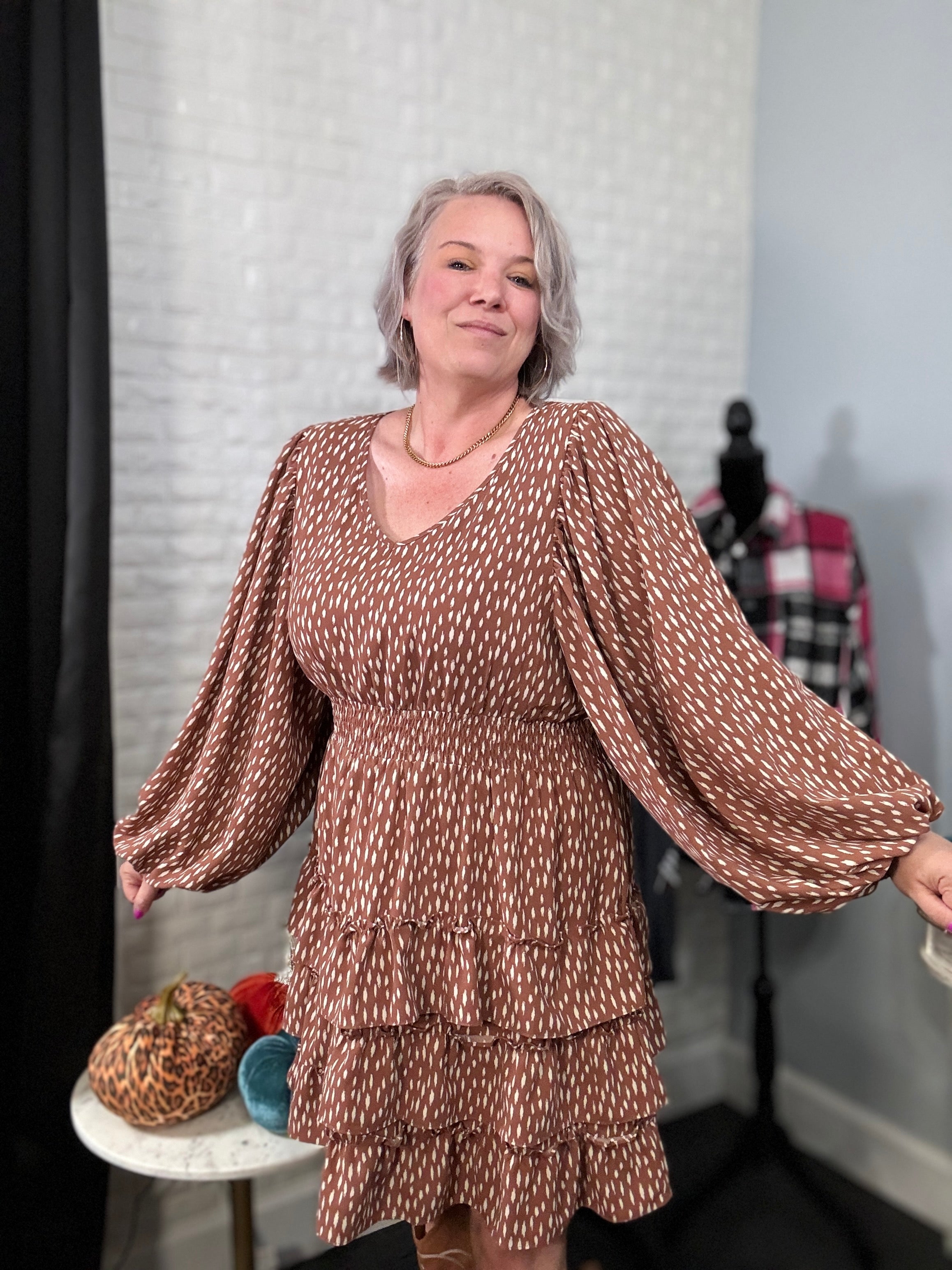 Haptics Feminine Flair Terracotta Leopard Print Ruffle Tiered Dress Final Sale Dresses