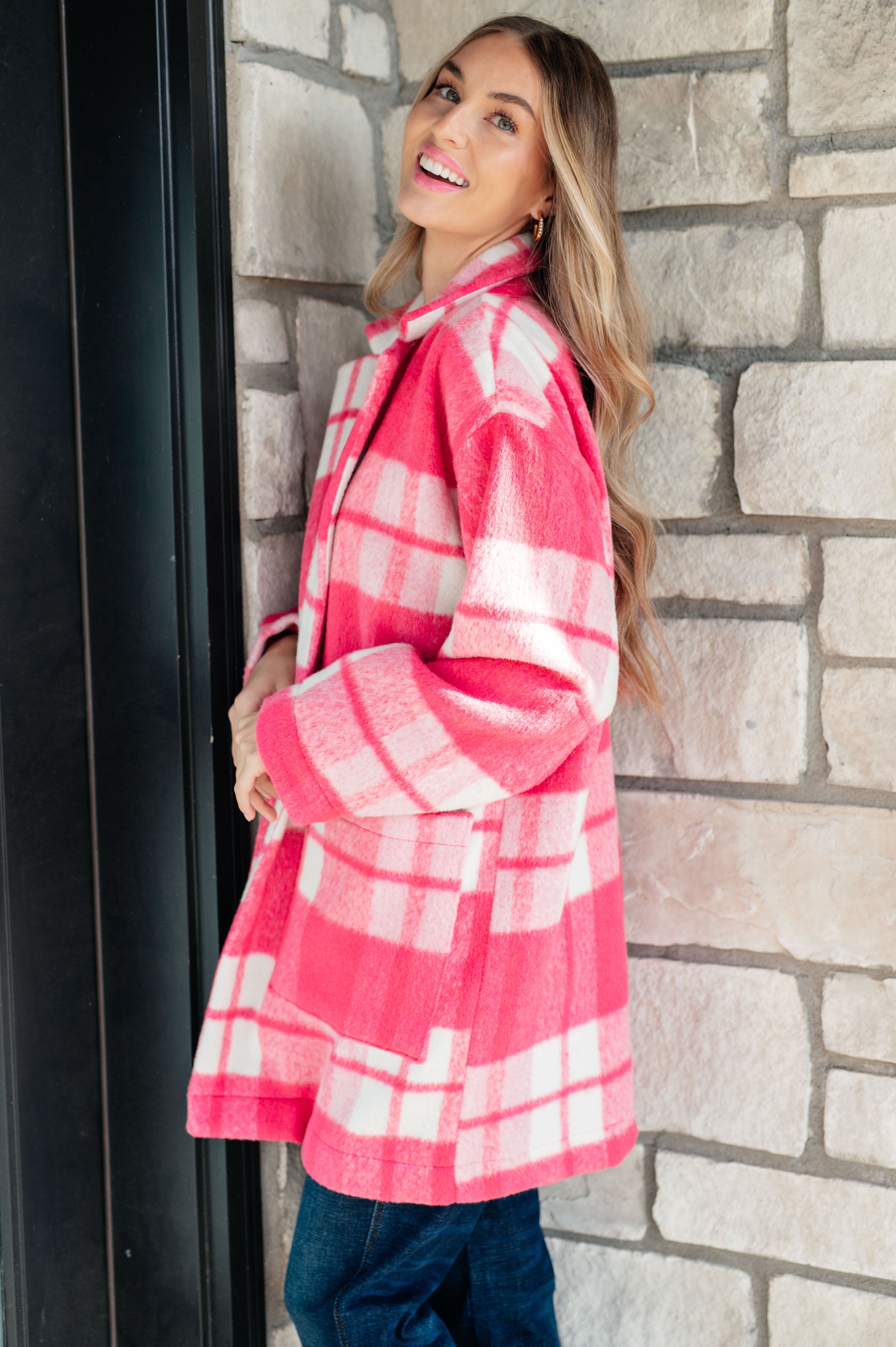 Davi & Dani Hot Pink Checker Plaid Open Front Drop Shoulder Longline Coat Coats & Jackets