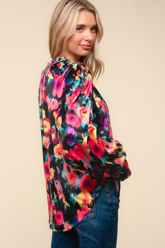 Haptics Bubble Long Sleeve Floral Blouse