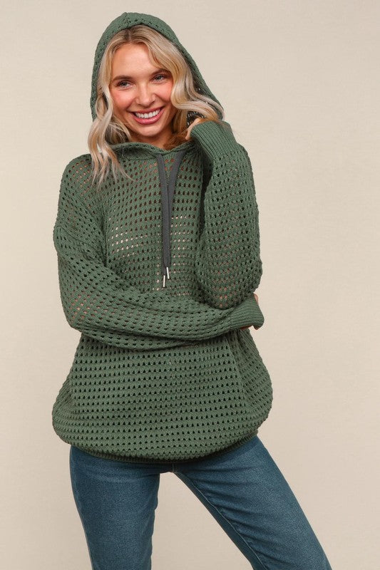 Haptics Fishnet Drawsting Olive Oversized Pullover Hoodie