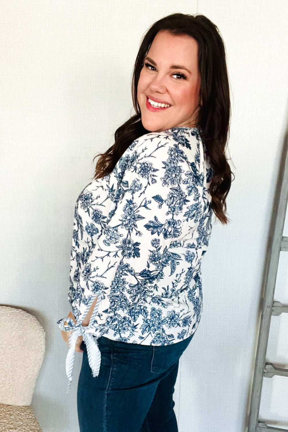 Large Haptics Vintage Chic Navy & Ivory Three-Quarter Bow Sleeve Contrast Stripe Blouse