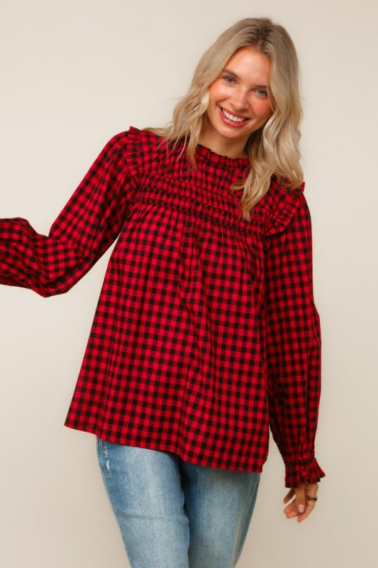 Haptics Red Frilled Mock Neck Gingham Check Woven Blouse