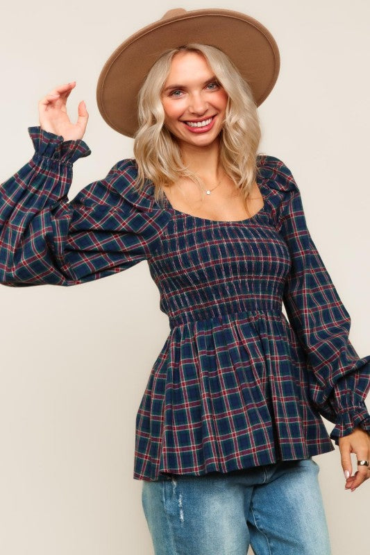 Haptics Navy & Hunter Green Smocking V-Neck Babydoll Plaid Woven Top