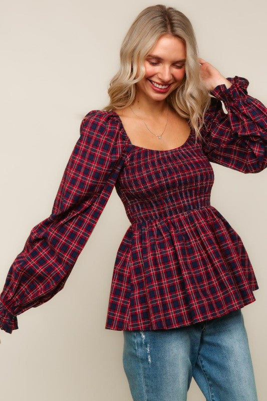 Haptics Red & Blue Smocking V-Neck Babydoll Plaid Woven Top