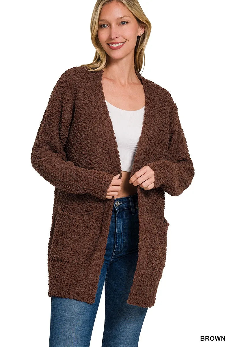 Zenana Brown Long Sleeve Popcorn Sweater Cardigan with Pockets BROWN