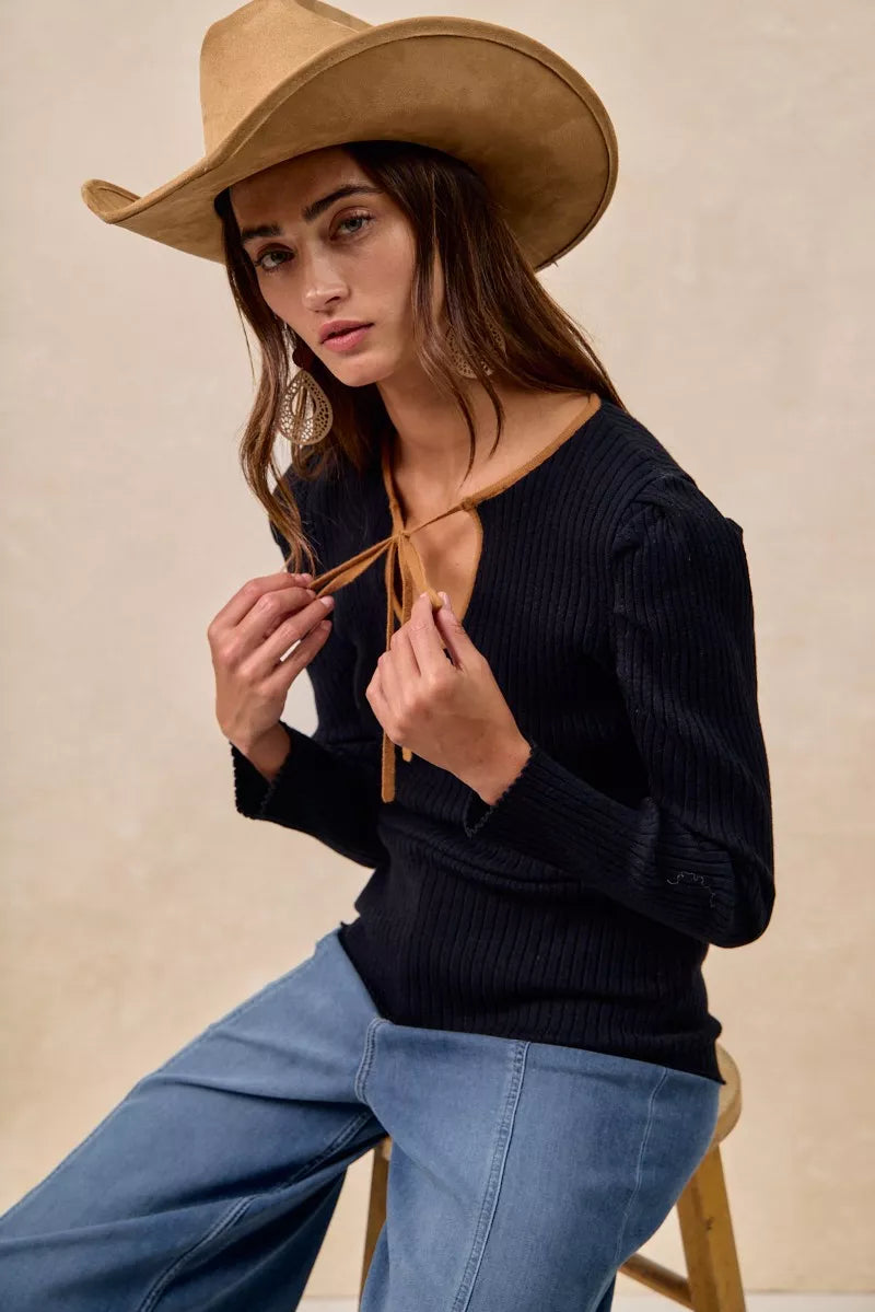 BiBi Black & Camel Ribbed Contrast Front Tied Top with Shrried