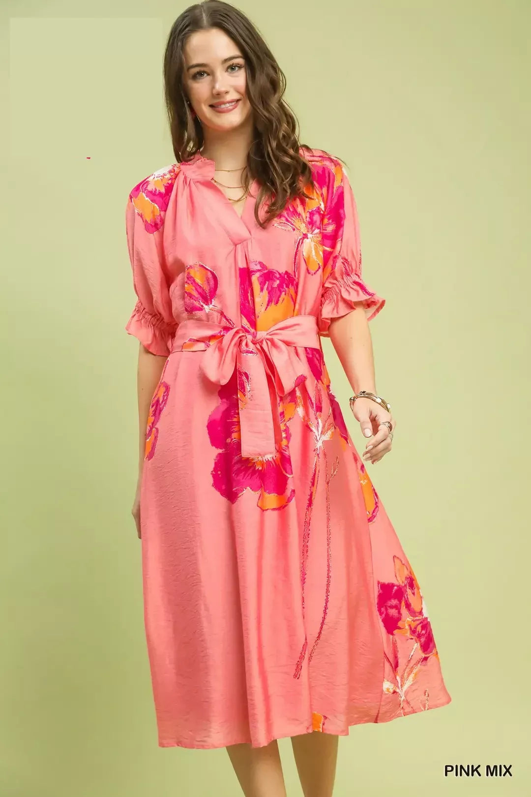 Umgee Pink Mix Floral Flounce Sleeve Midi Dress with Belted PINKMIX