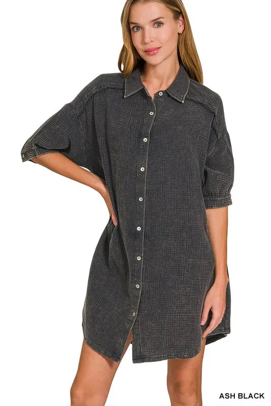 Zenana Ash Black Washed Double Gauze Button Down Shirt Dress ASH BLACK