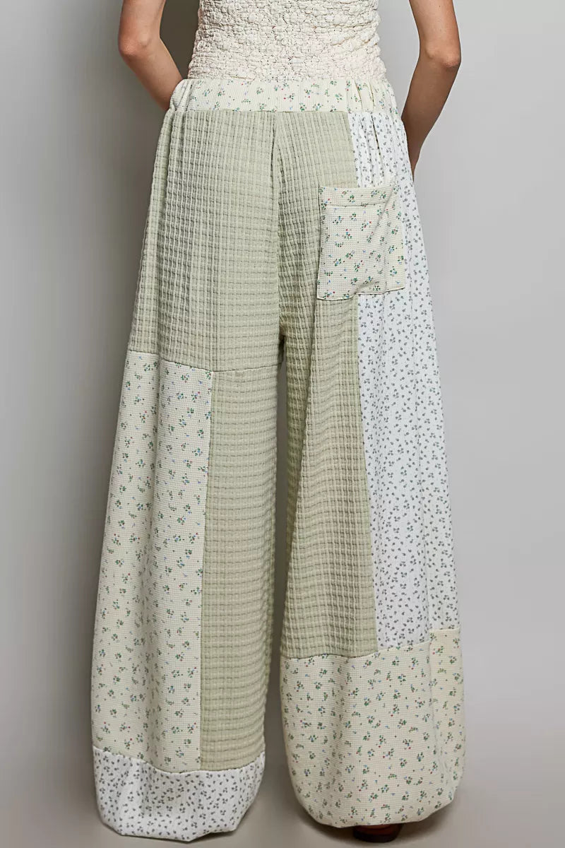 POL Sage Patchwork Mixed Knit Wide Leg Pants