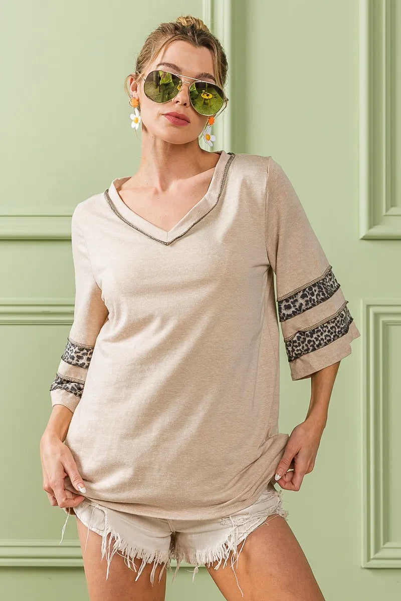 BiBi Oatmeal Triblend Knit Top with Leopard Band Detail