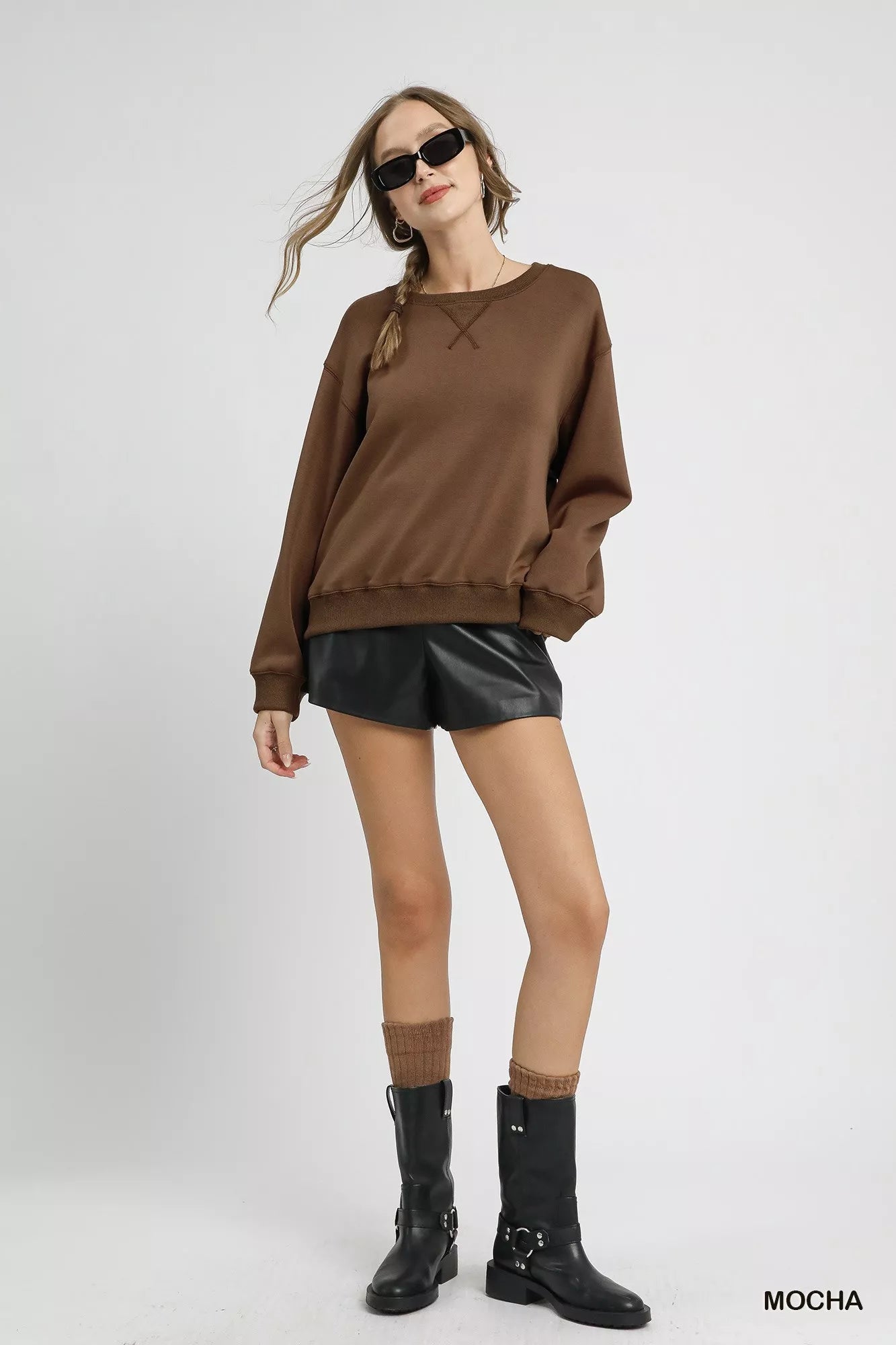 Umgee Mocha Round Neck Long Sleeve Fleece Sweatshirt