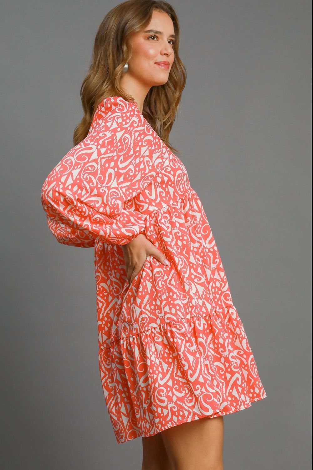 Umgee Coral Two Tone Print Balloon Sleeve Tiered Dress