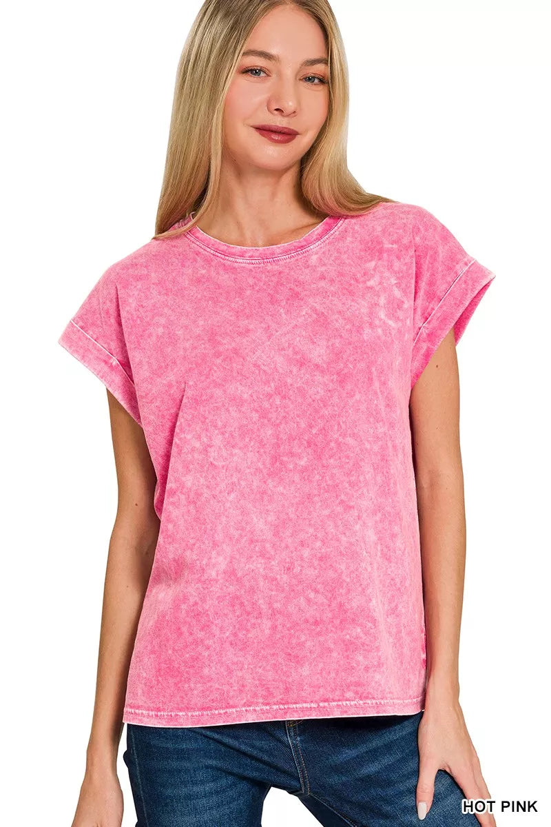 Zenana Hot Pink Halo Washed Cuffed Short Sleeve Tee HOT PINK