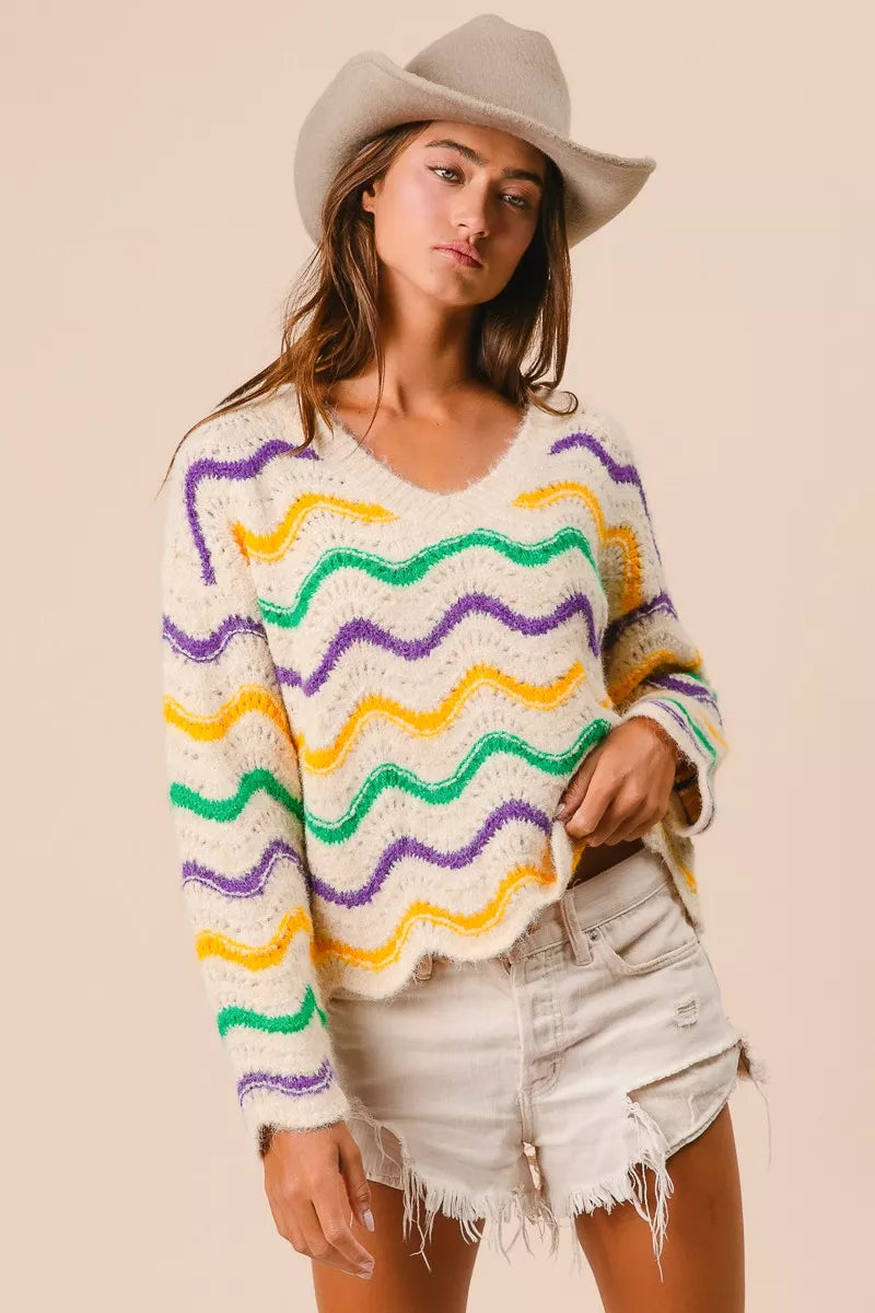 BiBi Mardi Gras Wavy Stripes V-Neck Sweater