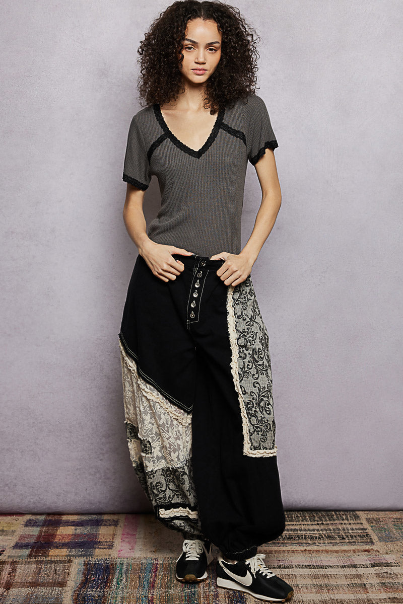 POL Charcoal Lace Detail V-Neck Short Sleeve Textured T-Shirt