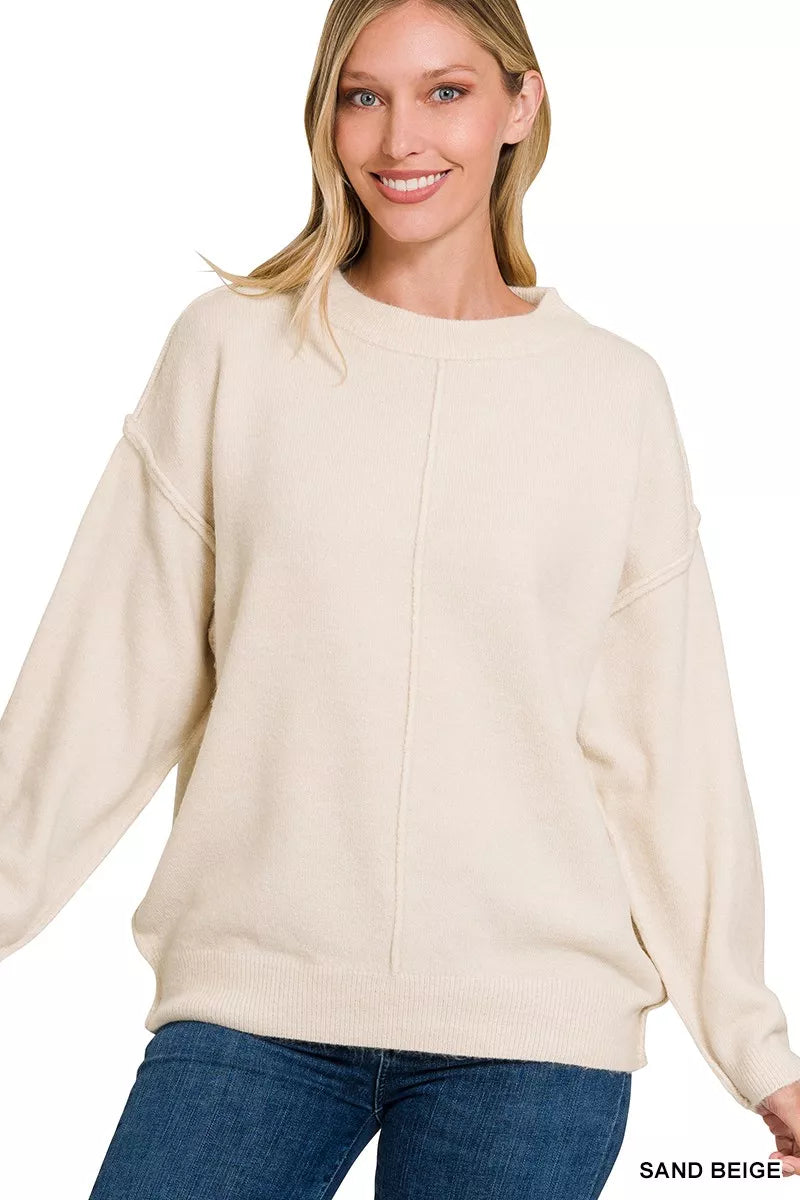 Zenana Sand Beige Melange Front Seam Round-Neck Sweater