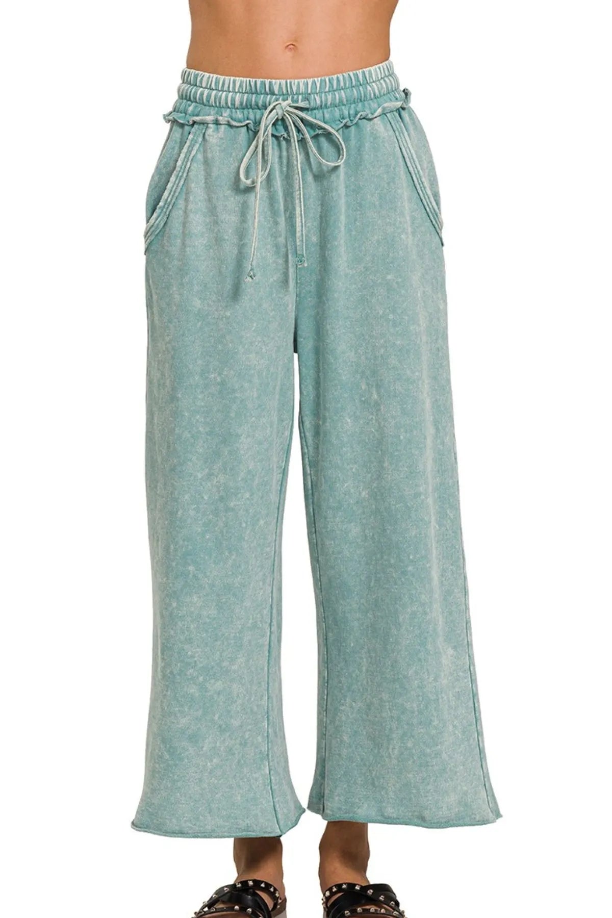 Zenana Ash Blue Washed French Terry Palazzo With Pockets ASH BLUE