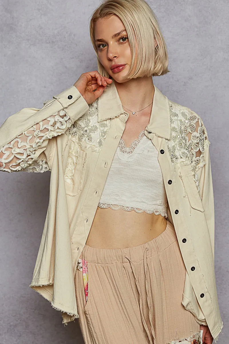 POL Oat Milk Button Down Raw Edge Shirt with Pearl Lace Patch OATMILK