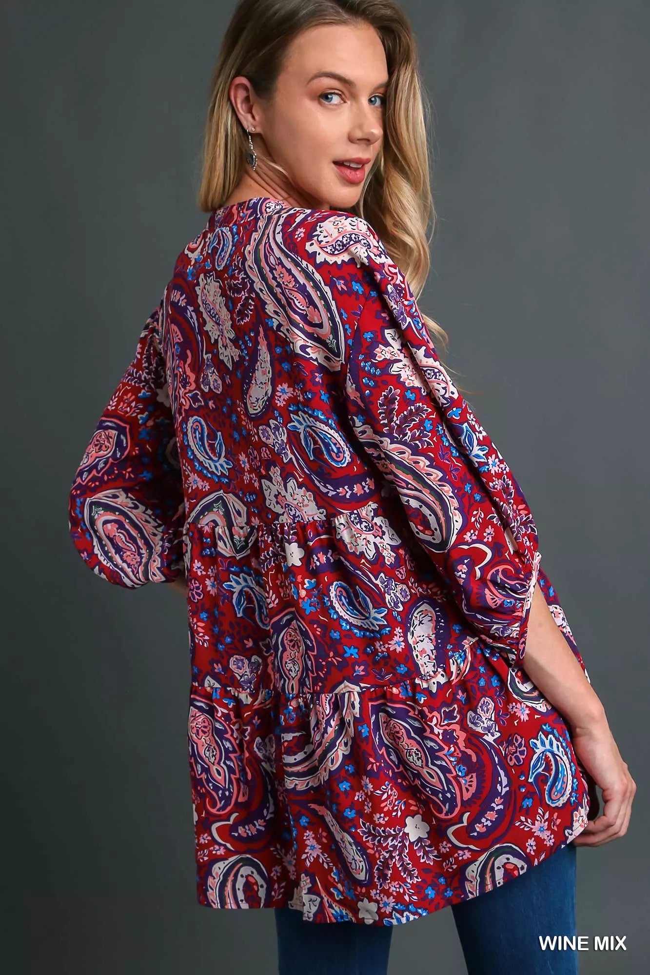 Umgee Wine Mix Paisley Boho Tunic Blouse